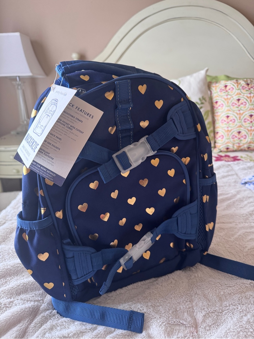 NWT Pottery Barn Kids Mackenzie Small Backpack Navy Gold Hearts